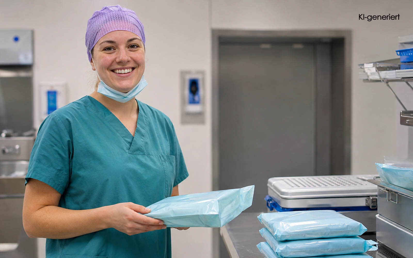 OP-Fachkraft kontrolliert verpacktes Sterilgut vor der aseptischen Entnahme KI generiert