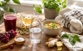 KI generiert - Hausmittel bei Erkältung mit Tee, Wasser, Suppe, Ingwer und Saft.