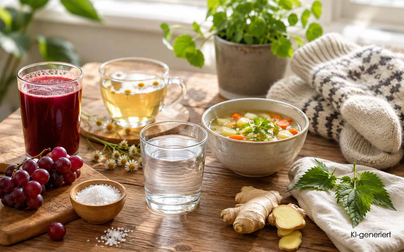 KI generiert - Hausmittel bei Erkältung mit Tee, Wasser, Suppe, Ingwer und Saft.