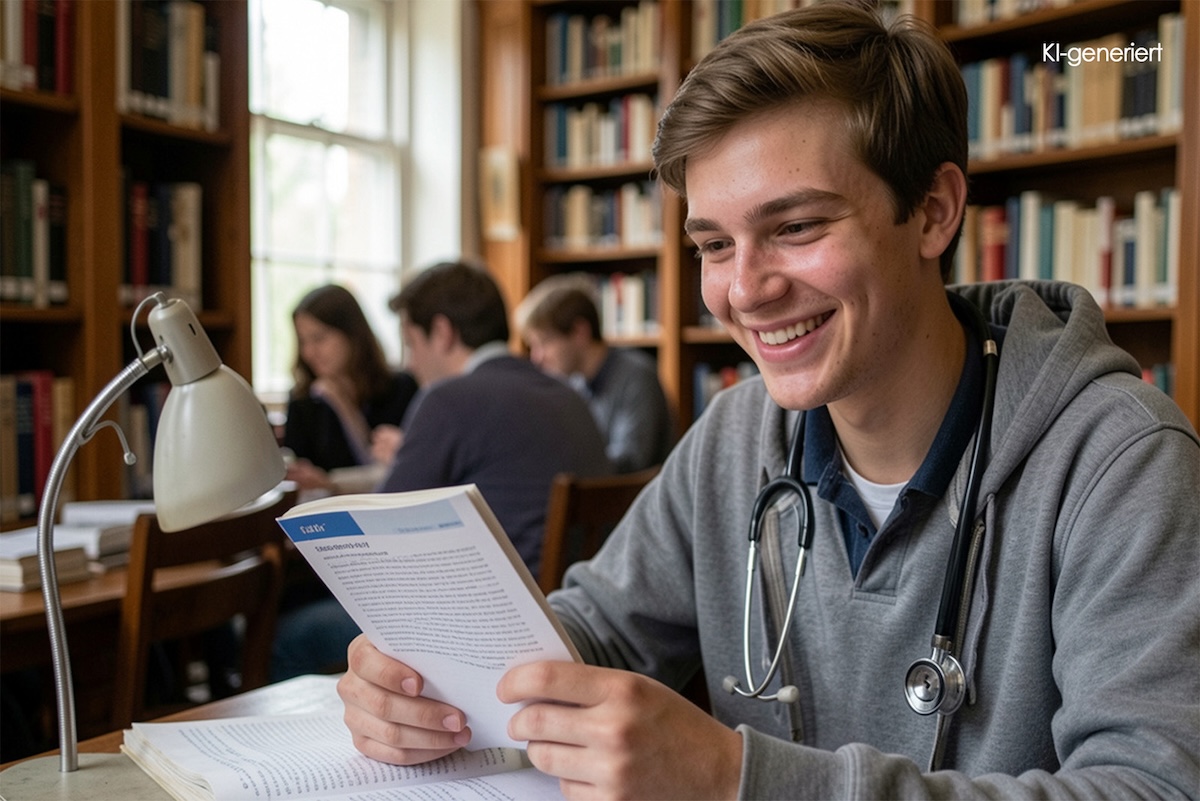 KI generiert - Ein Student lernt in der Bibliothek für das Vorklinik-Fach Terminologie