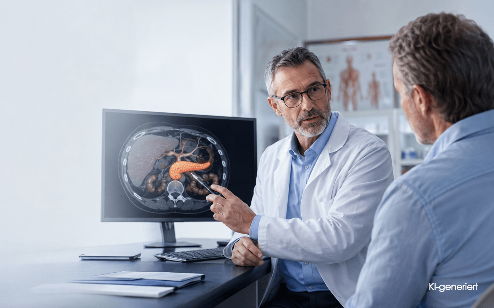 KI generiert - Arzt erklärt einem Patienten anhand einer medizinischen Aufnahme die Bauchspeicheldrüse auf einem Monitor