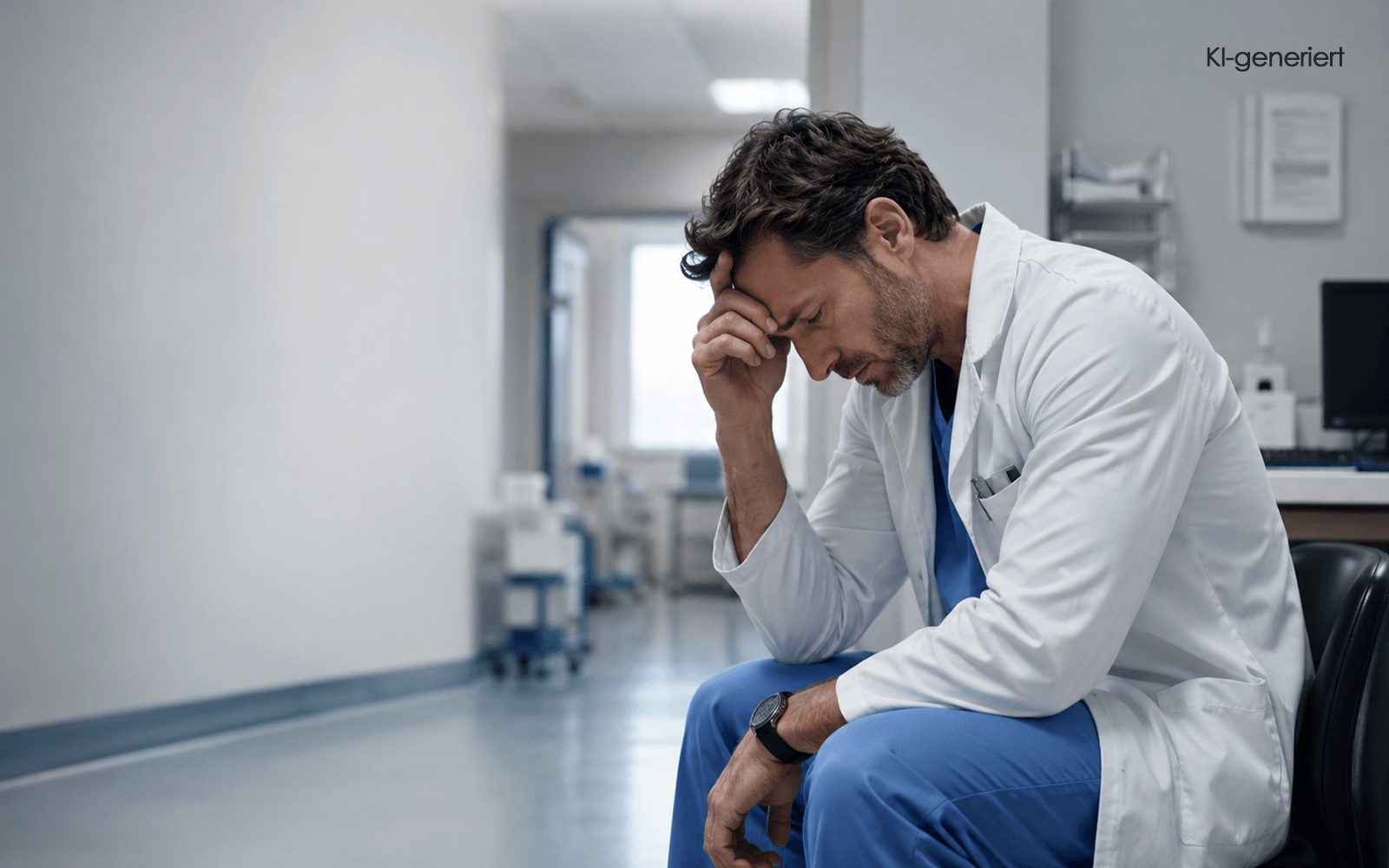 KI generiert - Ein Arzt sitzt niedergeschlagen im Krankenhausflur
