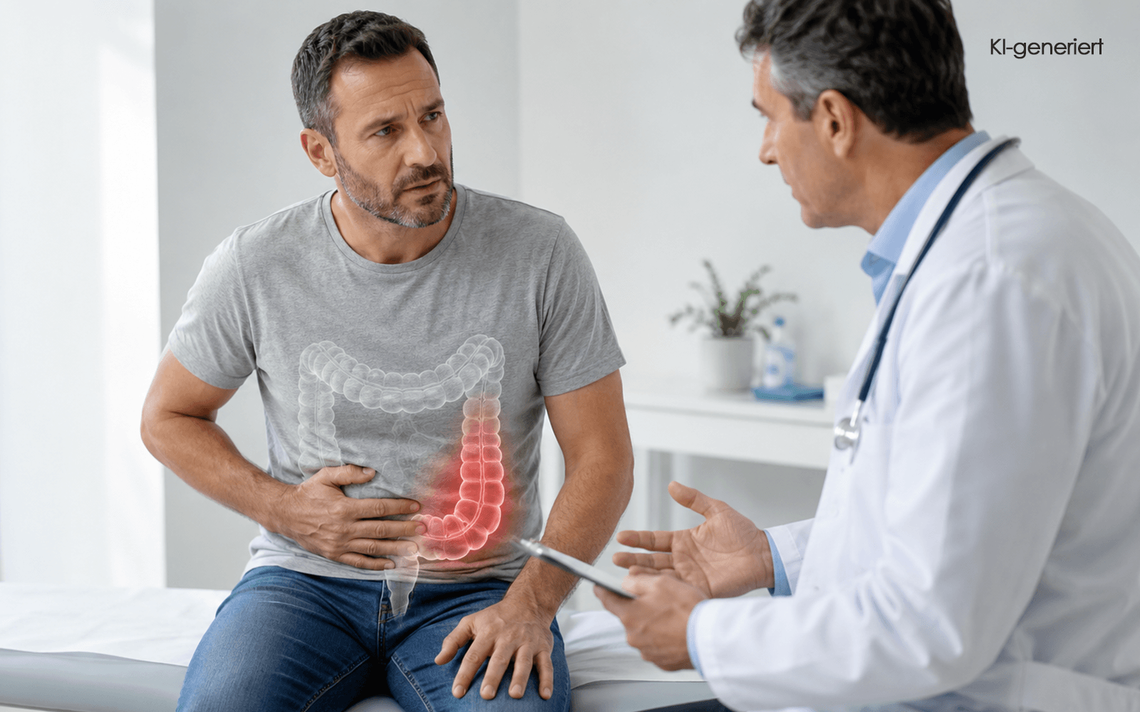 KI generiert - Ein Patient klagt über seine Darmbeschwerdsen; es besteht der Verdacht auf Divertikulitis.