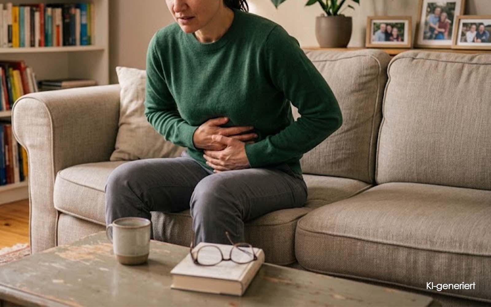 KI generiert - Frau sitzt mit Bauchschmerzen auf dem Sofa und hält sich den Unterbauch.