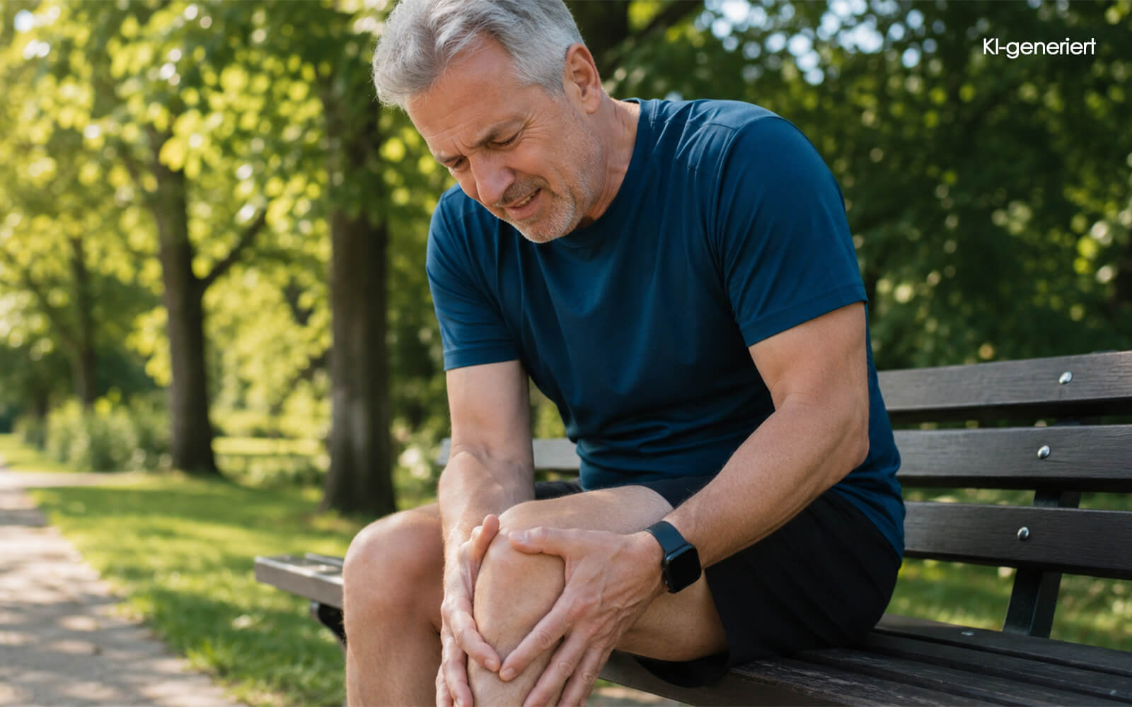 KI generiert - Ein älterer Mann in Sportkleidung sitzt auf einer Parkbank und hält sich mit schmerzverzerrtem Gesicht das Knie.
