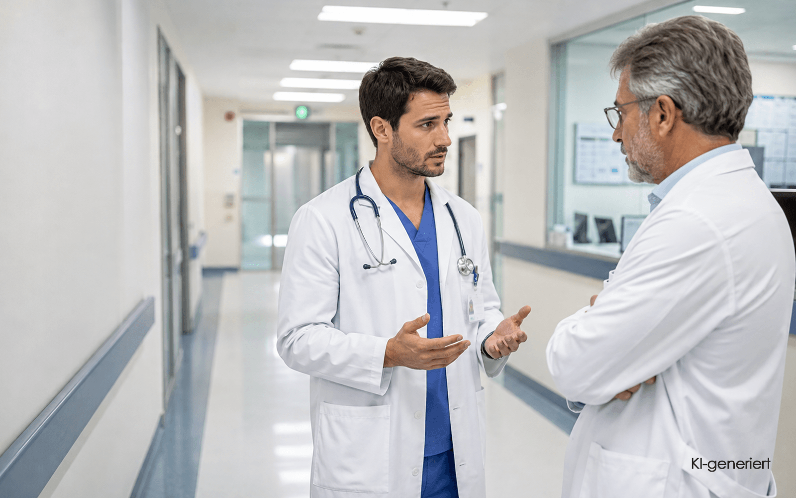 KI generiert - Assistenzarzt im Gespräch mit einem älteren Vorgesetzten auf einem Krankenhausflur über einen Konflikt im Klinikalltag