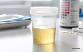 KI generiert - Ein transparentes Urinprobengefäß mit gelber Flüssigkeit steht im Vordergrund vor einem unscharfen Laborhintergrund mit Teststreifen-Dose.