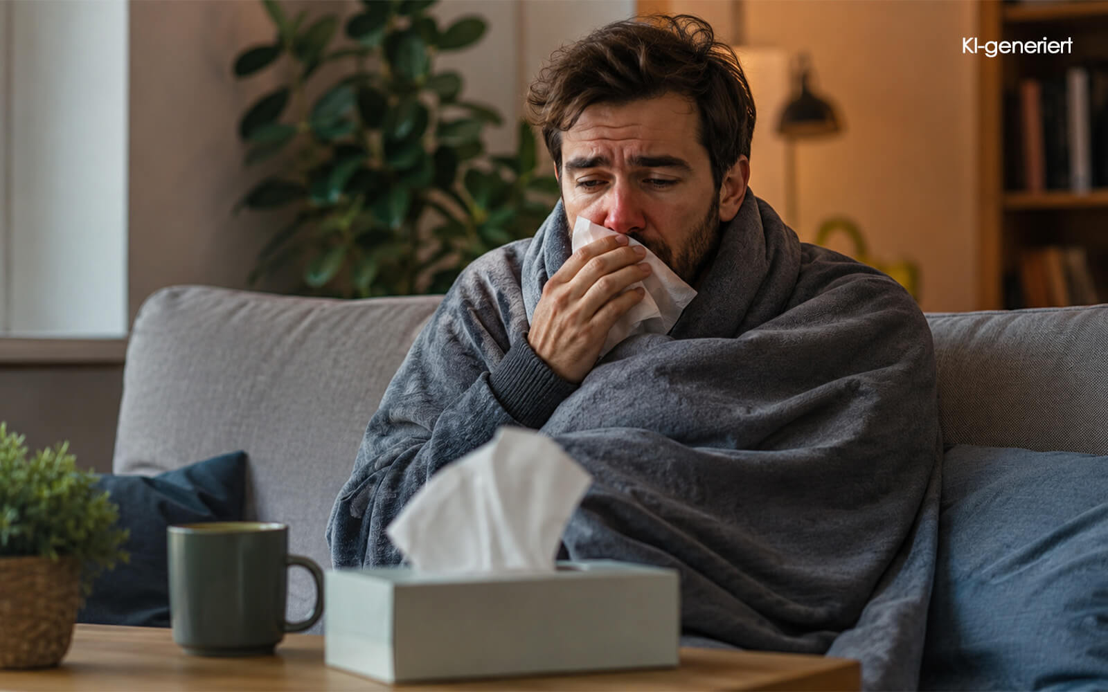 KI generiert - Erkälteter Mann sitzt mit Decke und Taschentuch auf dem Sofa.
