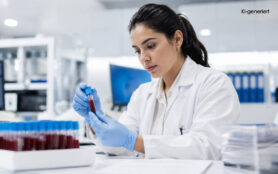 KI generiert - Thrombozytopenie Eine junge Wissenschaftlerin im Laborkittel und blauen Handschuhen untersucht konzentriert ein Blutröhrchen in einem modernen Labor.