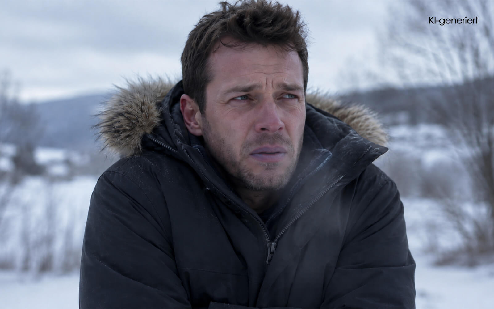 KI generiert - Mann friert in dicker Winterjacke in verschneiter Landschaft.