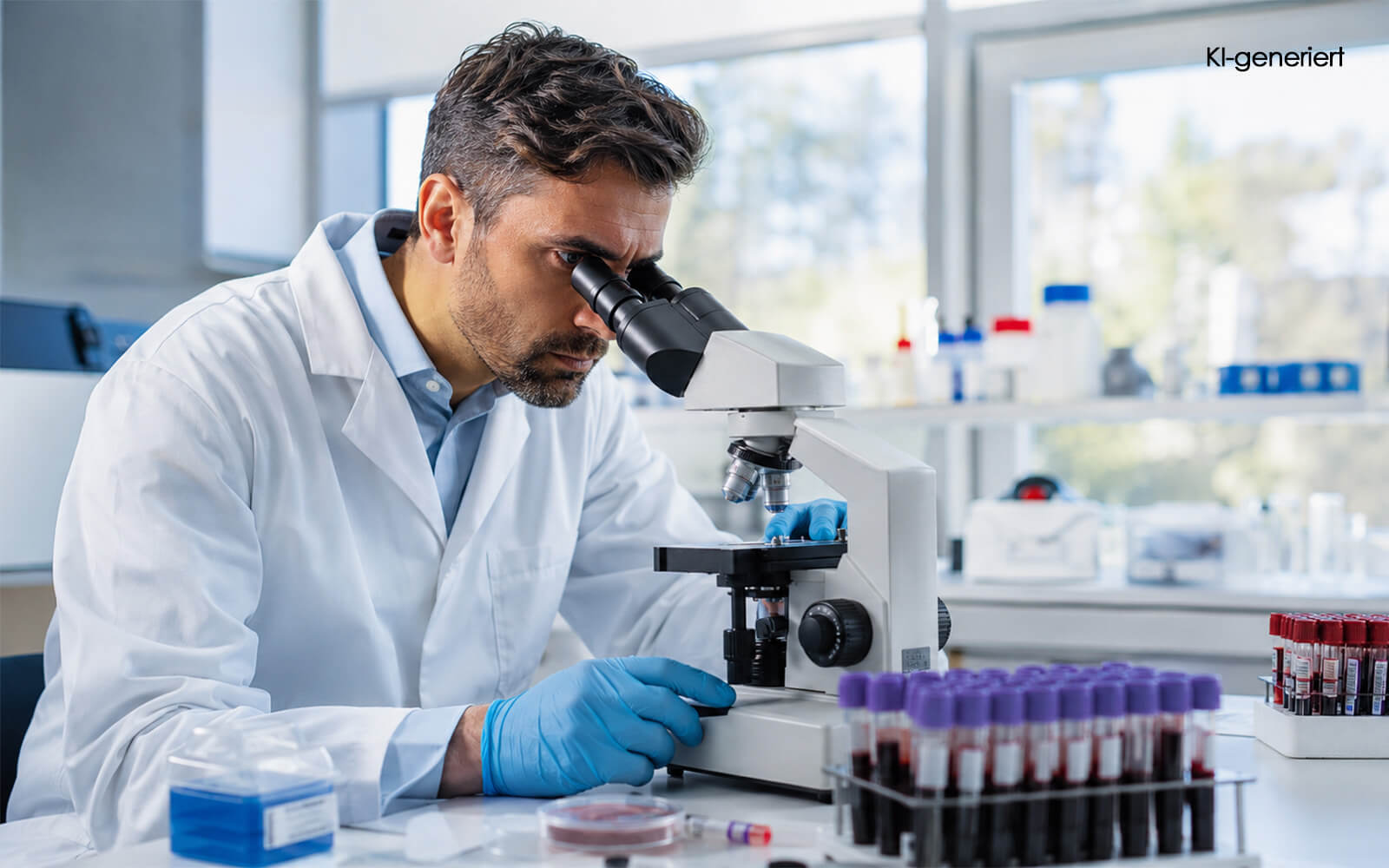 KI generiert - Ein Wissenschaftler im weißen Kittel blickt konzentriert durch ein Mikroskop in einem hellen Labor, umgeben von Blutprobenröhrchen.
