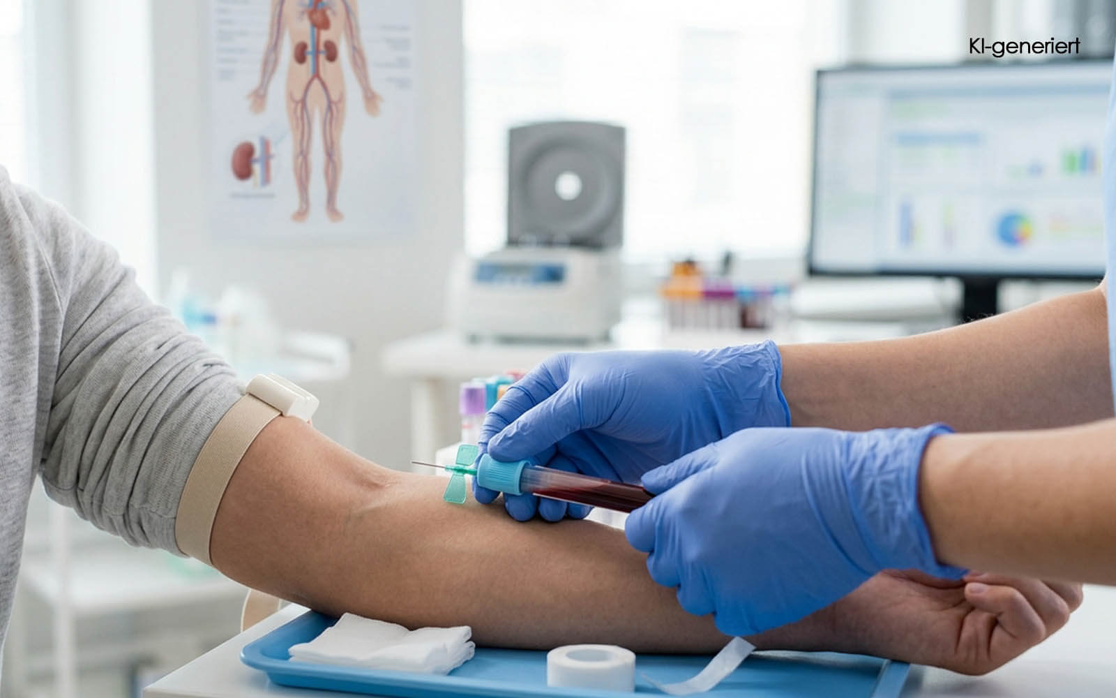 KI generiert - Renin Wert: Fotorealistische Nahaufnahme einer Blutentnahme am Arm in einem hellen Labor mit medizinischen Geräten im Hintergrund.