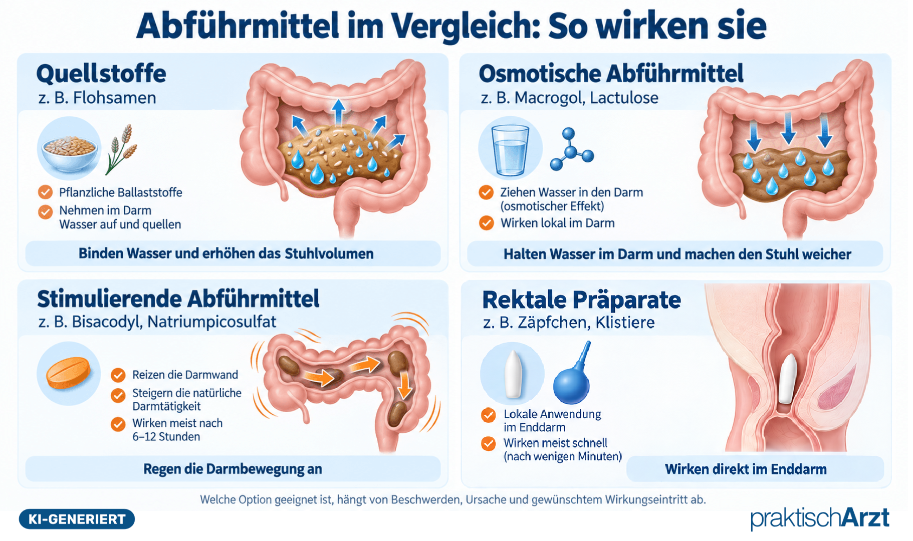 Abführmittel Im Vergleich Neu KI generiert - Infografik vergleicht unterschiedliche Abführmittel