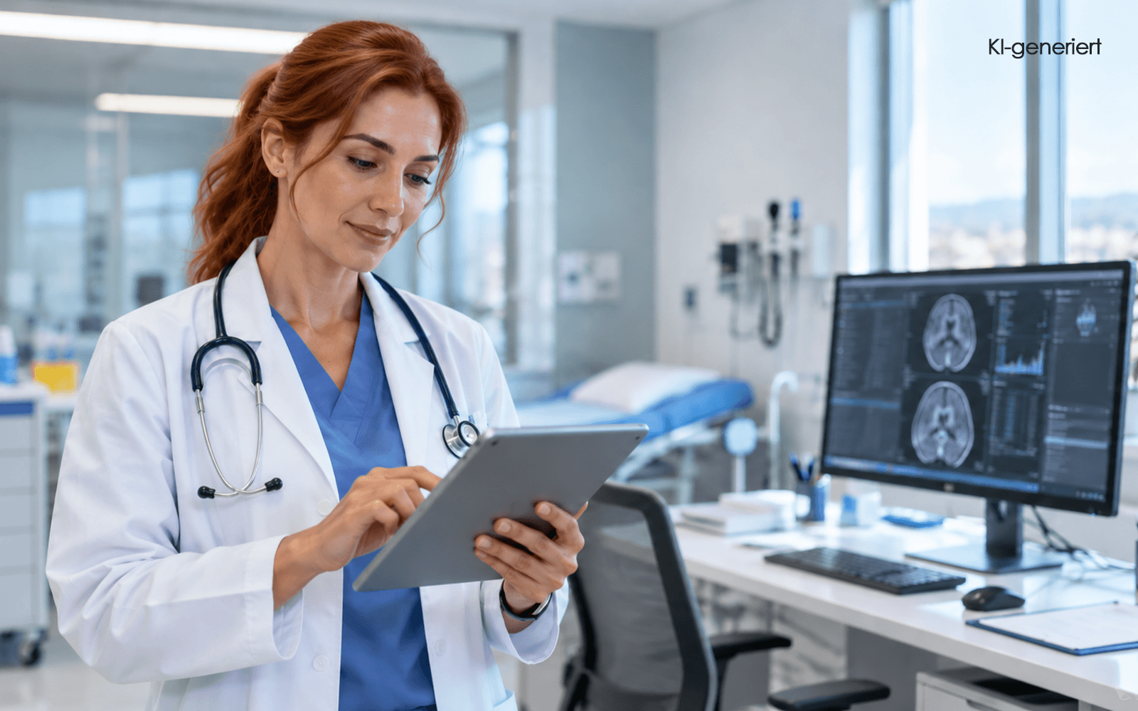 KI generiert - Ärztin mit Tablet im Radiologiezimmer
