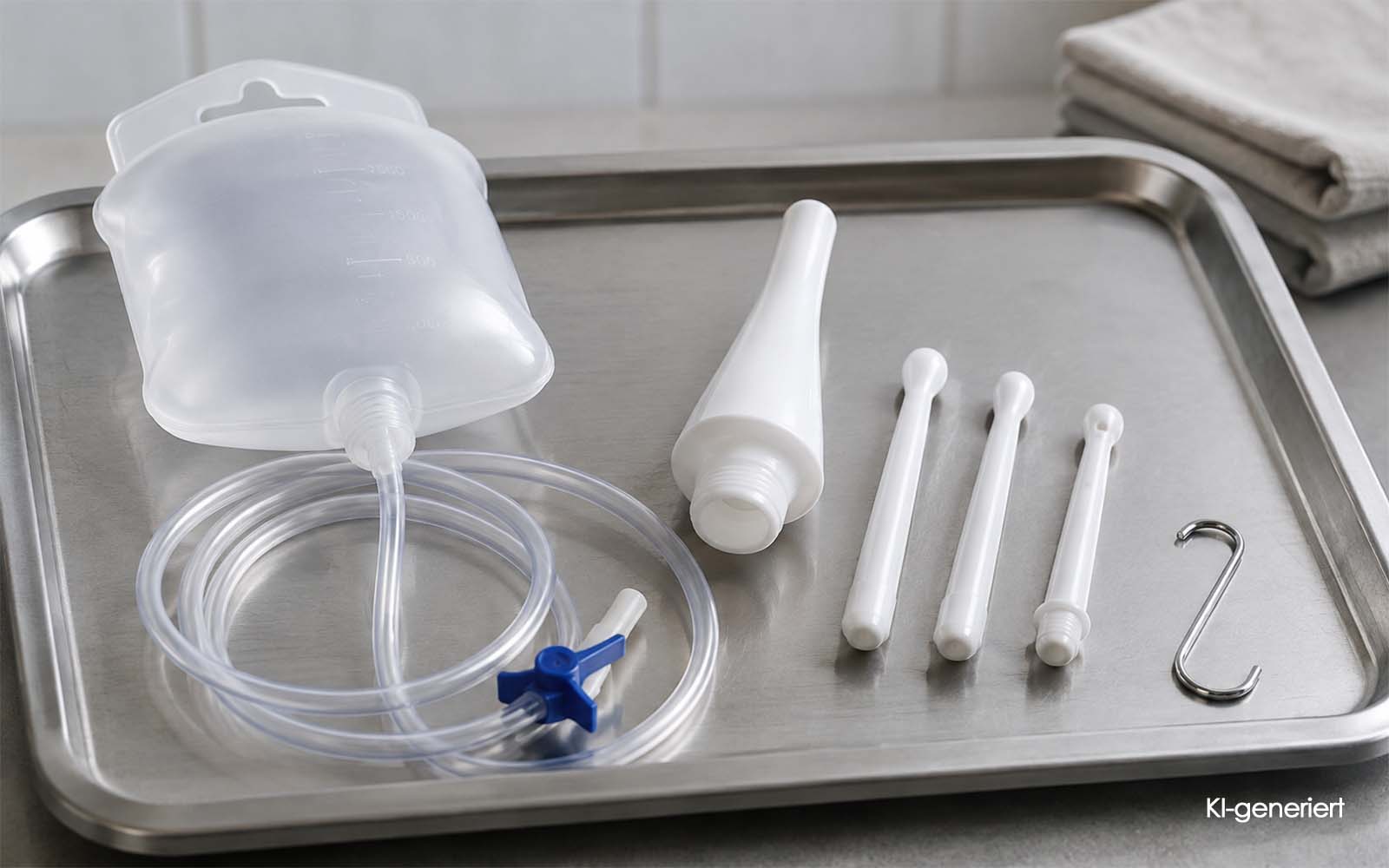 KI generiert - Medizinisches Darmspülungs-Set mit Beutel, Schlauch und Aufsätzen auf einem Tablett.