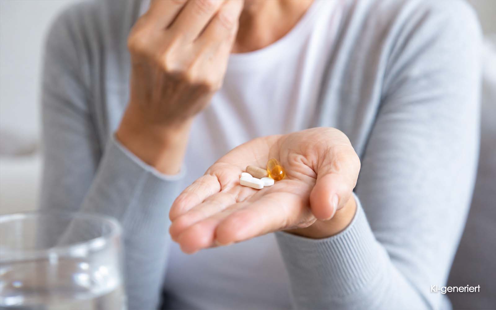 KI generiert - Frau hält Tabletten und eine Kapsel zur Einnahme in der Hand.