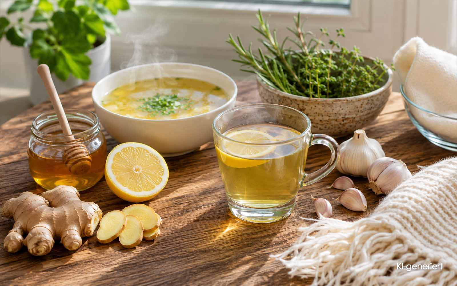 KI generiert - Hausmittel gegen Schnupfen mit Tee, Honig, Zitrone, Ingwer, Knoblauch und Kräutern.
