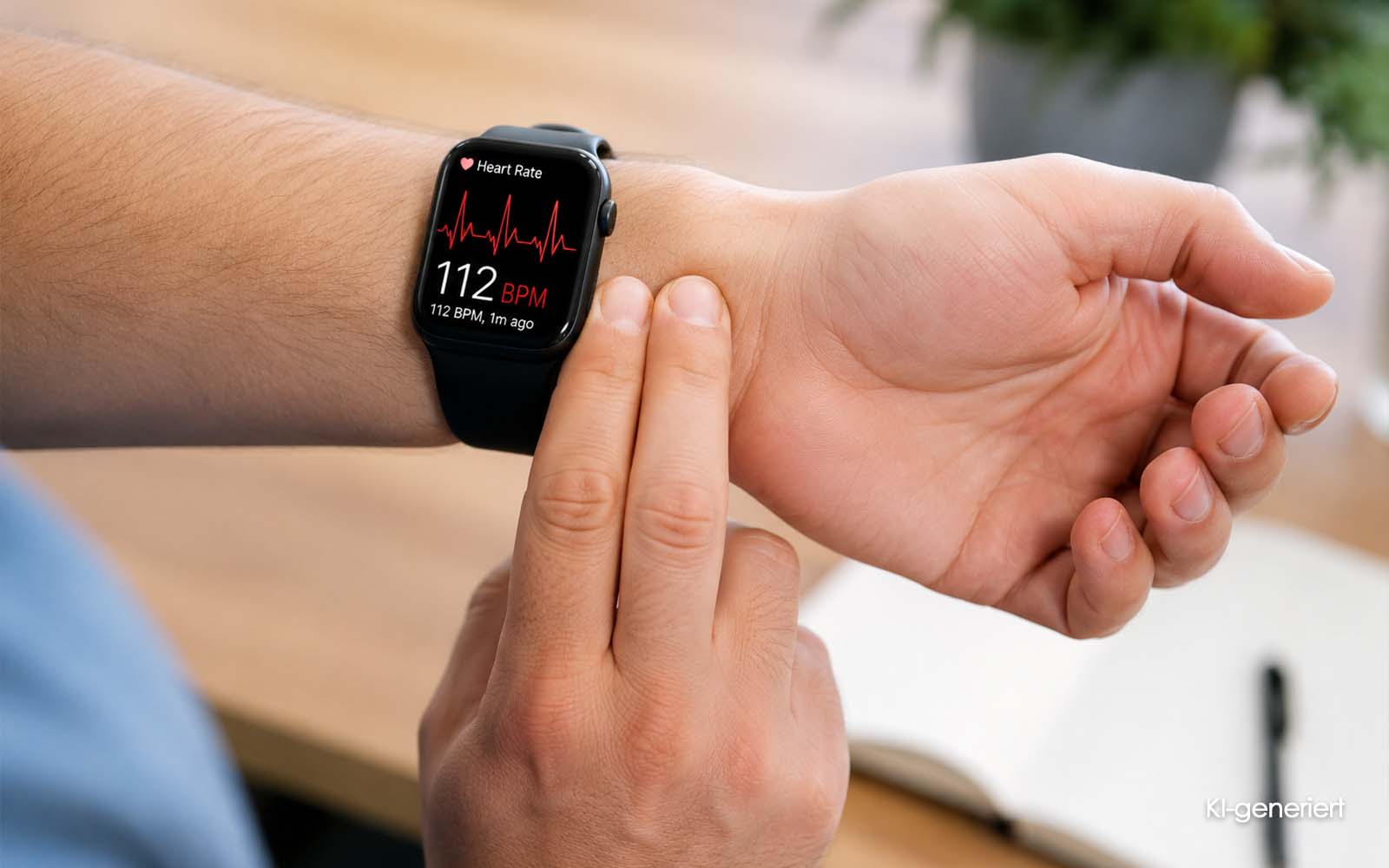 KI generiert - Person misst einen erhöhten Puls mit einer Smartwatch am Handgelenk.