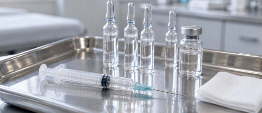 KI generiert - Spritze, Ampullen und Medikamentenfläschchen auf einem medizinischen Tablett.