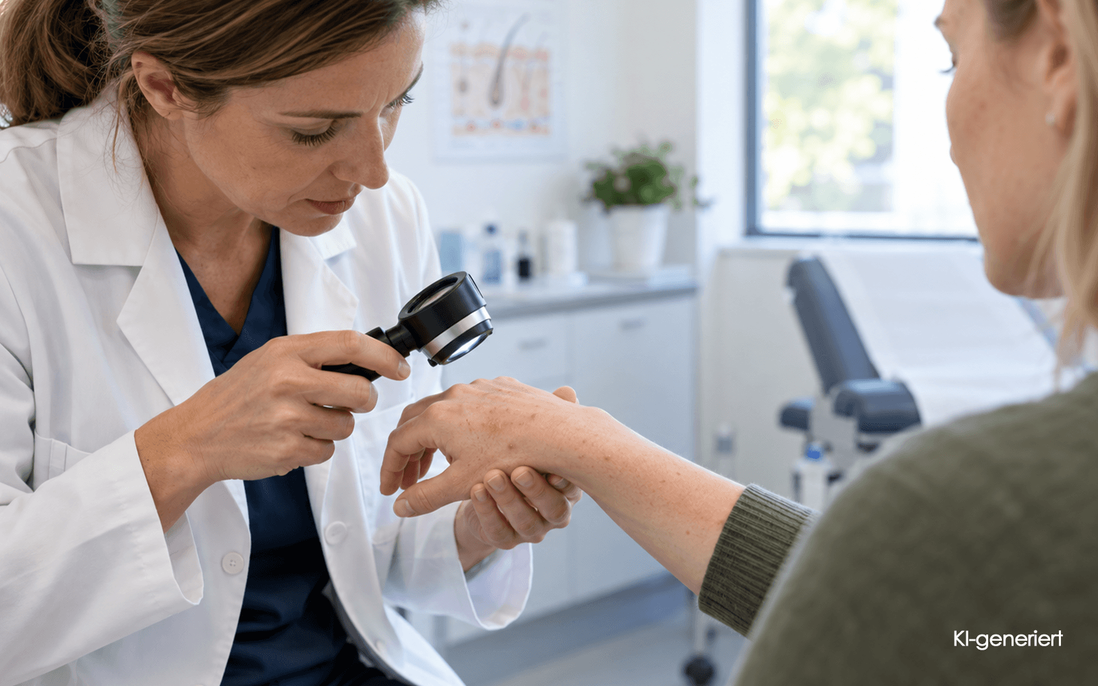 KI generiert - Dermatologische Untersuchung der Hand bei Verdacht auf Krätze