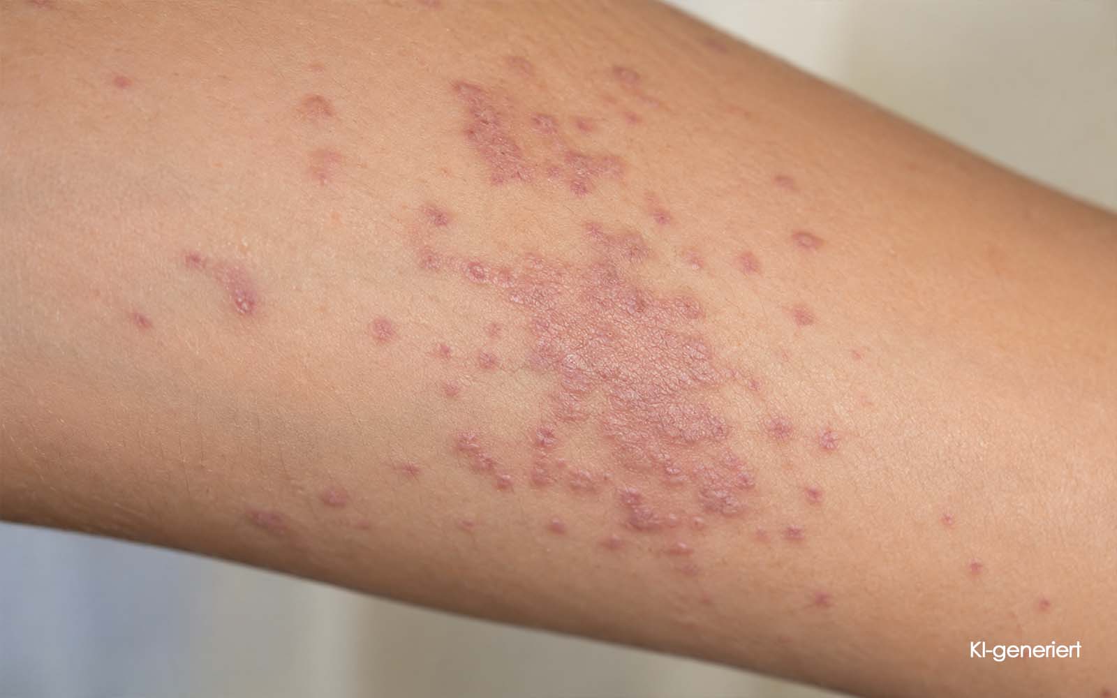 KI generiert - Nahaufnahme von rötlich-violetten Knötchen und Hautveränderungen bei Lichen ruber.