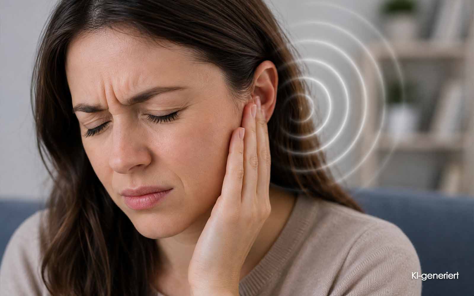 KI generiert - Frau hält sich bei Ohrensausen oder Tinnitus das Ohr.