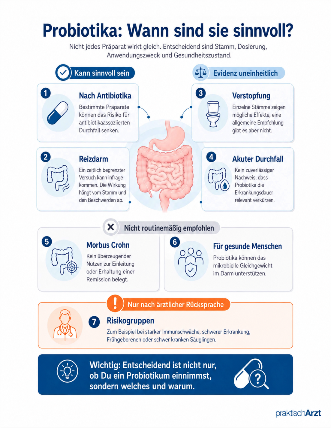 Probiotika Wann Sinnvoll KI generiert - Wann Sind Probiotika Sinnvoll: Infografik zu Probiotika mit Darmillustration und Übersicht, wann Probiotika sinnvoll sein können, wann die Evidenz uneinheitlich ist und wann ärztliche Rücksprache empfohlen wird.