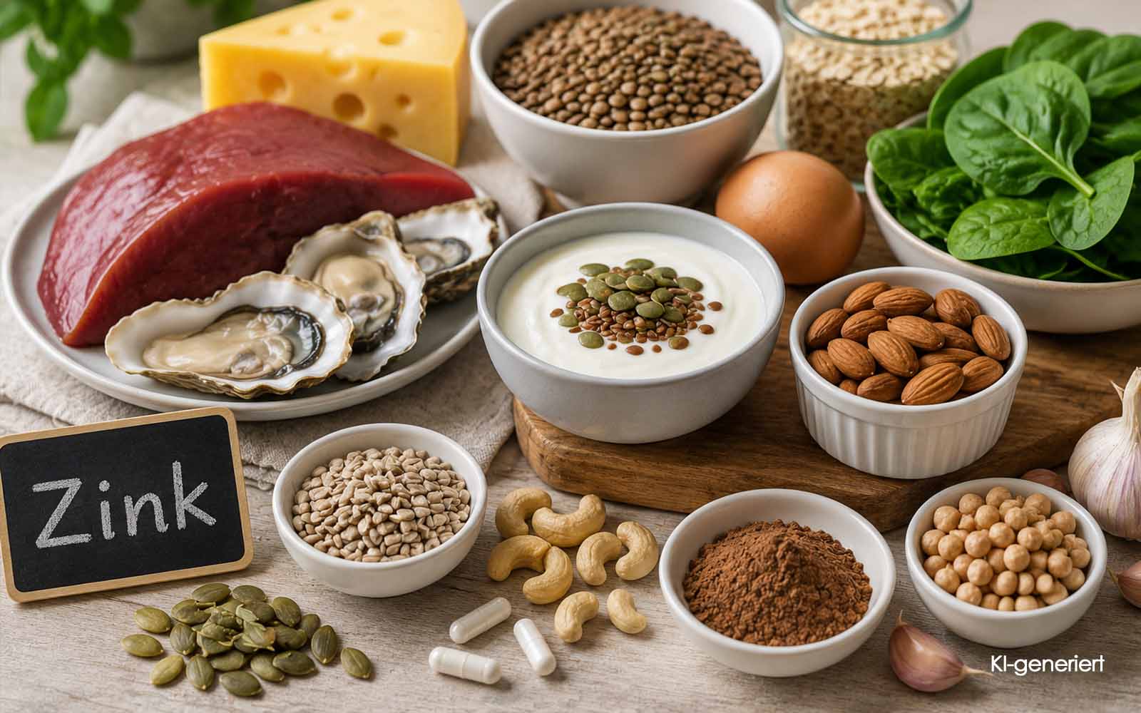 KI generiert - Zinkreiche Lebensmittel wie Fleisch, Austern, Hülsenfrüchte, Nüsse, Samen und Käse.