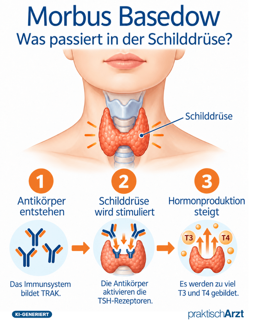 Morbus Basedow Schilddrüsenaktivierung Erklärt KI generiert - Infografik Morbus Basedow Verständlich Erklärt Neu