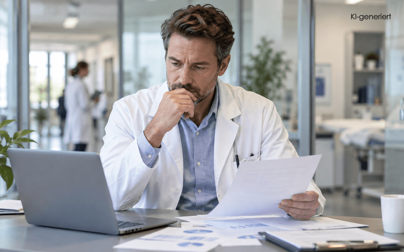 KI generiert - Nachdenklicher Arzt Im Modernen Klinikbüro