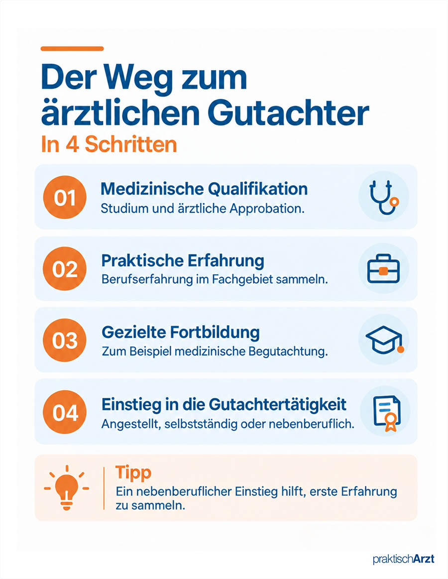 Zusammenfassende Grafik: Ablauf eines medizinischen Gutachtens in vier Schritten: Auftrag prüfen, Unterlagen auswerten, Befunde medizinisch beurteilen und Gutachten erstellen. (mit Hilfe von KI erstellt)