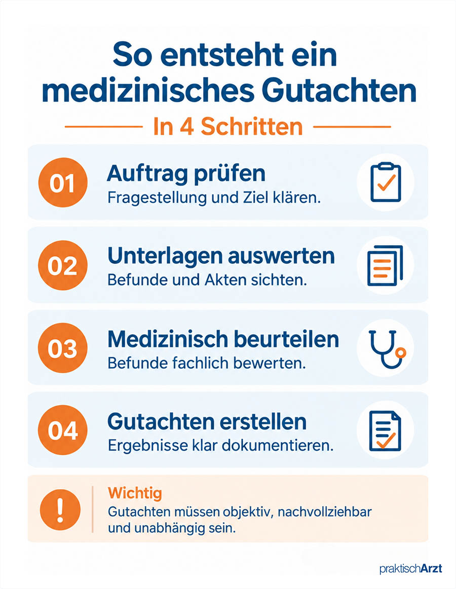 Medizinisches Gutachten erstellen: Vier Schritte von der Auftragsprüfung über die Auswertung und Beurteilung bis zum fertigen Gutachten. (Zusammenfassung mit Hilfe einer KI erstellt)
